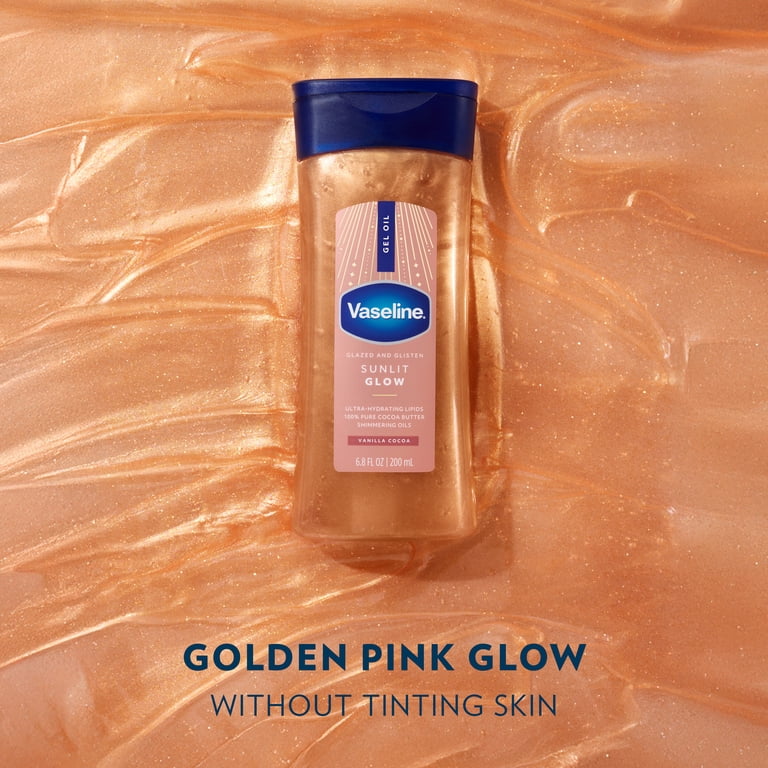Vaseline Glazed & Glisten Sunlit Glow Vanilla Cocoa Shimmering Body Gel Oil  with Ultra-Hydrating Lipids and 100% Pure Cocoa Butter, 6.8 fl Oz