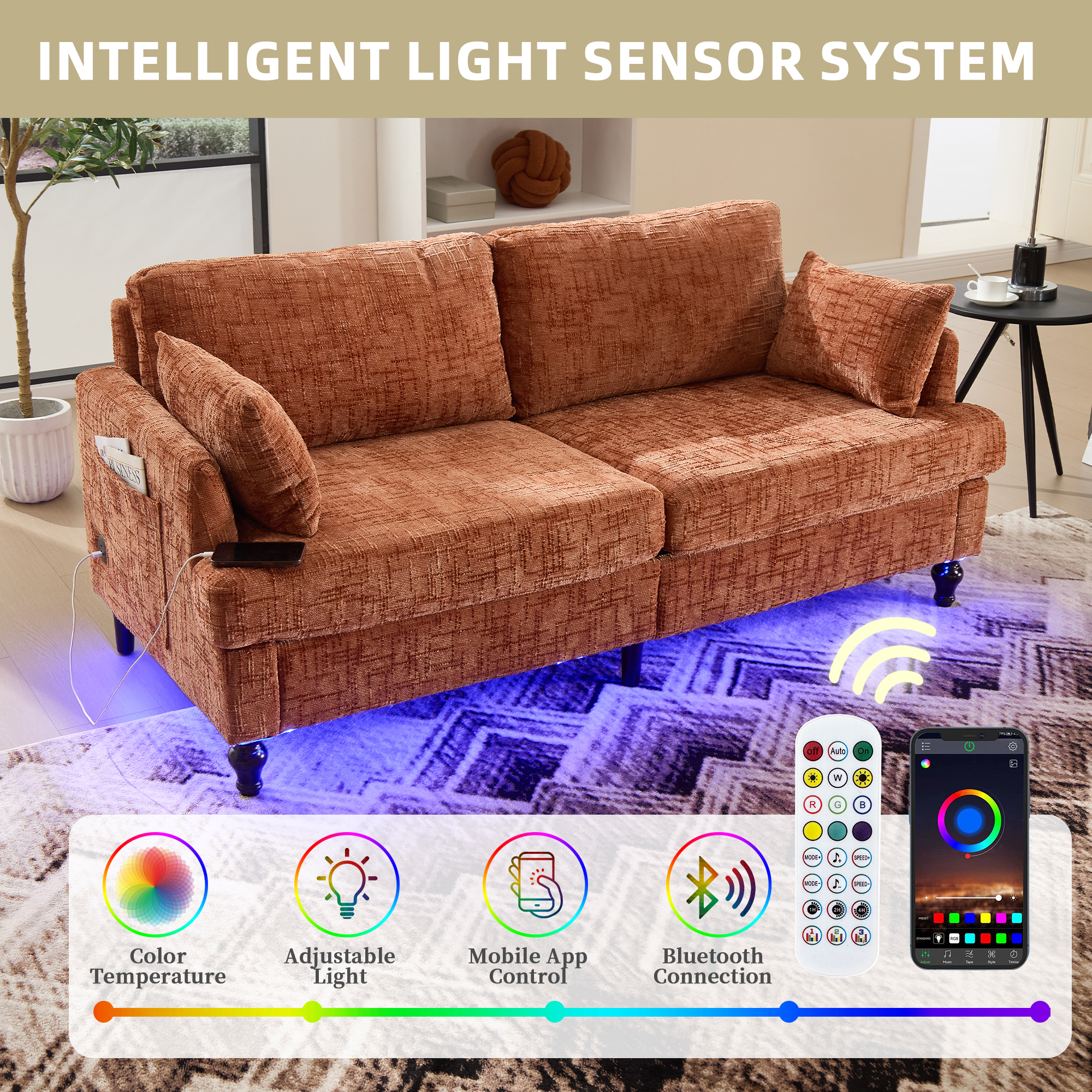 MOONMISS Chenille Upholstered Mid Century Modern Wood Frame Loveseats Sofa with LED light,USB and Side Pocket-Orange