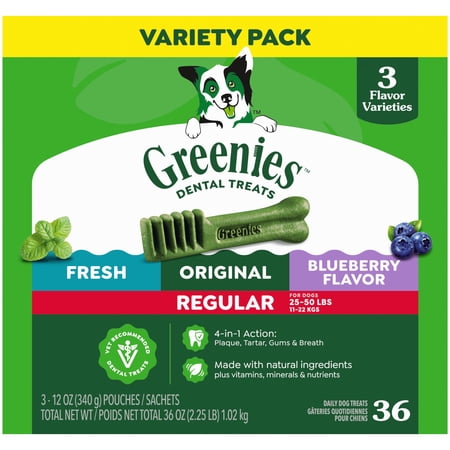 GREENIES ADULT NATURAL DENTAL DOG TREATS 3 FLAVORS, REGULAR SIZE, (3) 12 OZ PACKS (36 COUNT)