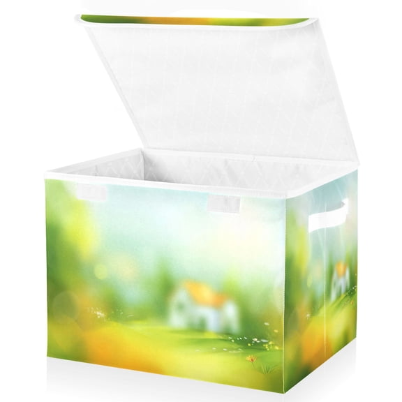 Foldable Fabric Storage Bin With Handle Collapsible Basket Box Storage With Lid Organizer Blurred Light Green & Yellow Color