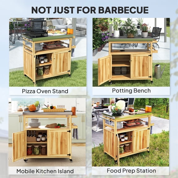 Solid Wood Outdoor Grill Cart with Wheels and Storage Cabinets, Stainless Steel Top, Natural Wood BBQ Island for Patio, 42.9 Inch