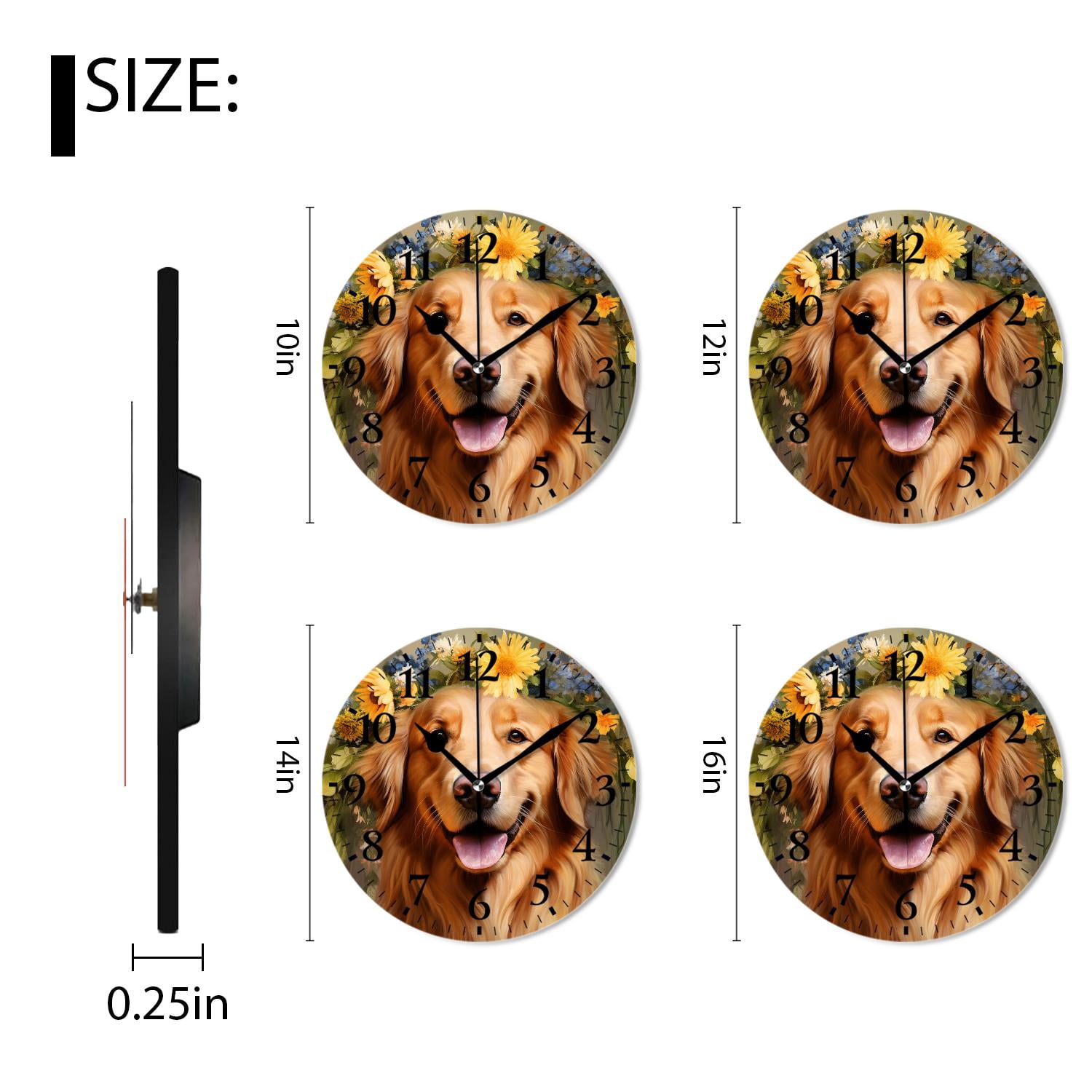 Round Analog Wall Clocks Non-Ticking Silent Clock Battery Operated Clcoks Decorative for Living Room-Golden Retriever Dog Beautiful Wreath Elegant(10inch)