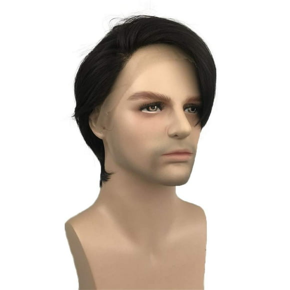 Aimole-peluca con malla frontal para hombre, pelo corto y liso, sintético, fibra resistente al calor, pelo negro Natural