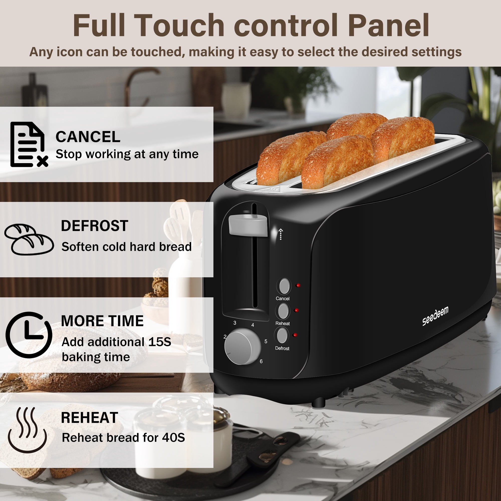 【Ultra-Slim Space-Saving】4-Slice Long Slot Toaster, Dual 10-Inch Slots, 6 Shade Settings with Cancel/Reheat/Defrost, Removable Crumb Tray, Easy to Store Vertically
