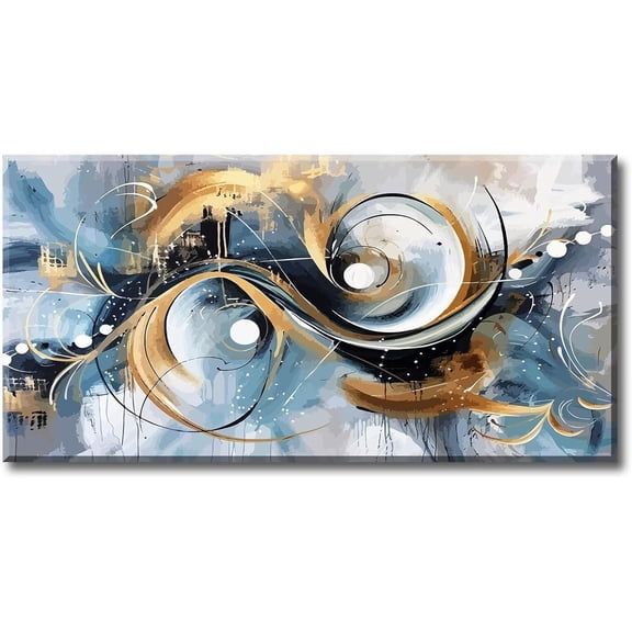 WFSposterLarge Canvas Wall Art for Living Room - Blue Golden Circle Abstract Picture For Home Modern Bedroom Background Decor Neutral Textured Artwork Painting