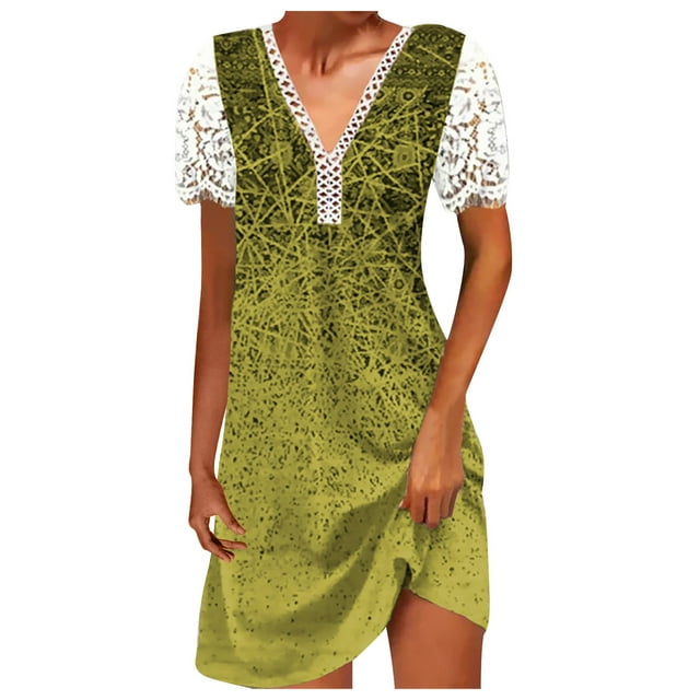 Cameland Robe Ample pour Femme à Col en V, Mode Décontractée, Style Élégant, Chandail à Manches Courtes, Imprimé en Dentelle