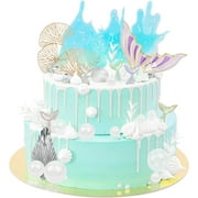 XD4-Cake Topper, Big Mermaid Tails Bubbles shell and Golden Ginkgo Leaf Cake Set for Mermaid Under the sea Cake Decor, Cake Toppers for Under the Sea Themed Girls Birthday Party*04