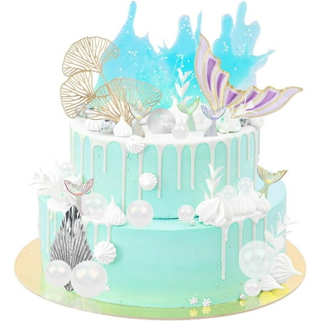 XD4-Cake Topper, Big Mermaid Tails Bubbles shell and Golden Ginkgo Leaf Cake Set for Mermaid Under the sea Cake Decor, Cake Toppers for Under the Sea Themed Girls Birthday Party*04