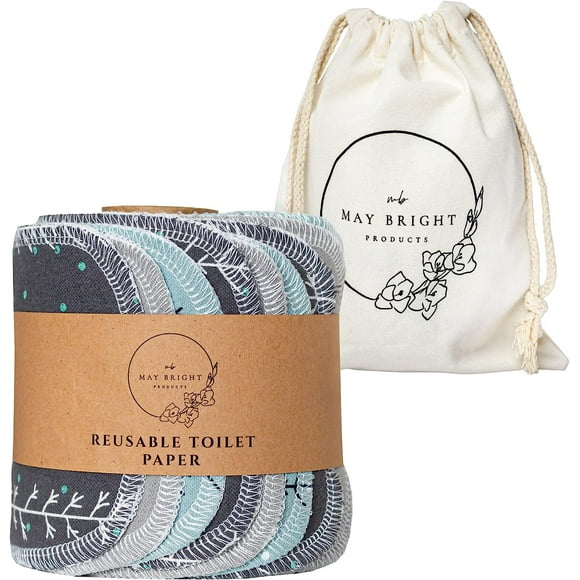 May Bright Reusable Toilet Paper with Washable Canvas Bag - Reusable Bidet Wipes - 2-ply - 15 Pack with Durable Cardboard Roll - Zero Waste Bidet Towels