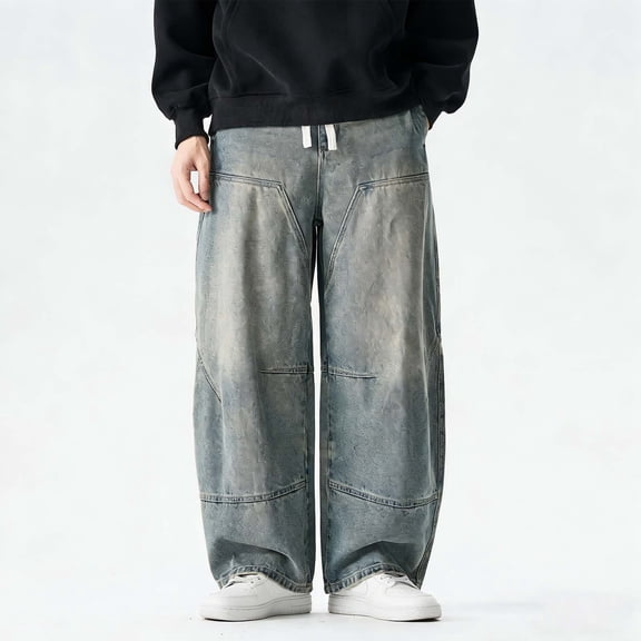 Yaoyar Mens Baggy Hip Hop Jeans Wide Leg Elastic Waist Skater Denim Pants Casual Loose Long Trouser Vintage Y2K Streetwear