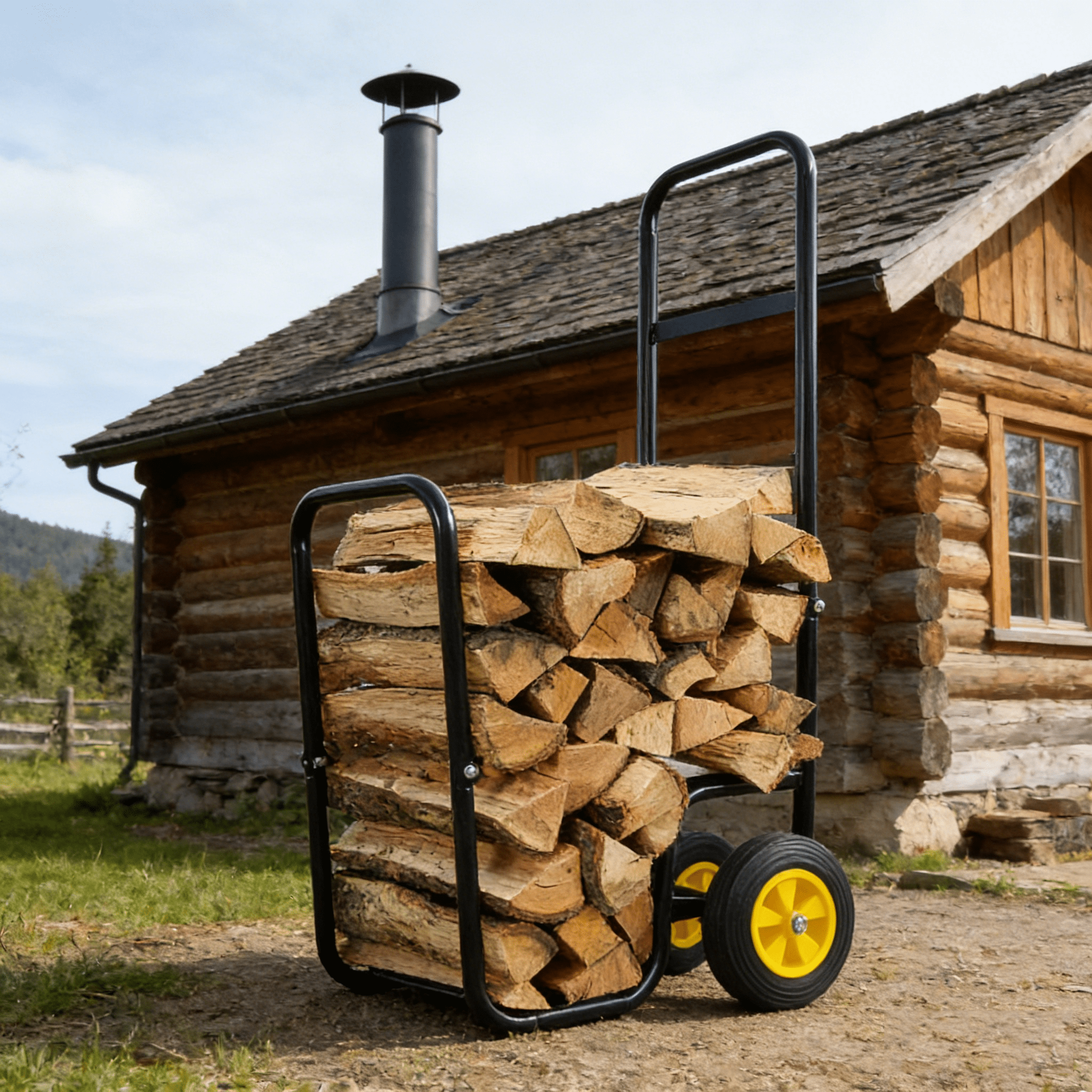 Dolly, Firewood Log Cart Carrier - Outdoor or Indoor Black Steel Wood Rack Storage Mover - Rolling Wheeled Metal Dolly Hauler - Wood Moving Equipment, Black Hand Truck,Iron Furniture Dolly