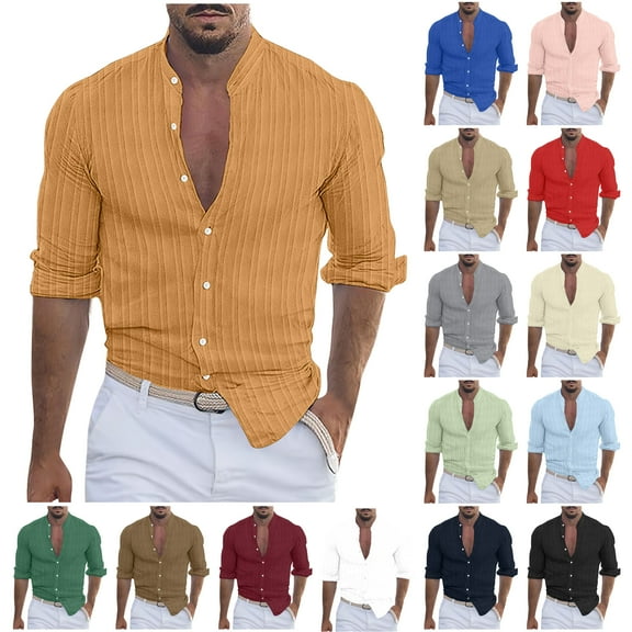 DDAPJ pyju Mens Long Sleeve Textured Shirt Cotton Linen Button Down Shirts Solid Casual Dress Shirt Black M