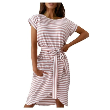 

Follure Women s Summer Striped Lace-up Irregular Hem Loose Casual Short-sleeved Dress Women Casual