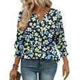 thumbnail image 4 of DeHolifer Womens T-Shirts Elegant Casual V-Neck Floral Printed 3/4 Length Sleeve Smocked Cuffs Dressy Blouse T-Shirts Blue L, 4 of 6