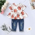 thumbnail image 2 of NZRVAWS 12 Months Infant Baby Girl Outfit Set Short Sleeve Floral Print Ruffle Top and Ripped Denim Pants 18 Months Baby Girl Clothes, 2 of 6