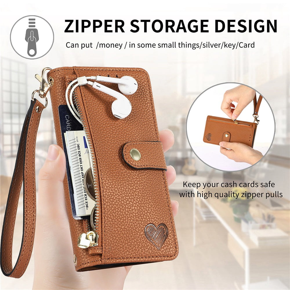 For iPhone 16 Pro Leather Phone Case Wallet Zipper Pocket Pouch Folio Flip Cover Kickstand, Multi Anti-theft Card Holder Cash Slot, Double Magnetic Buckle, Wrist Lanyard,Brown,For iPhone 16 Pro