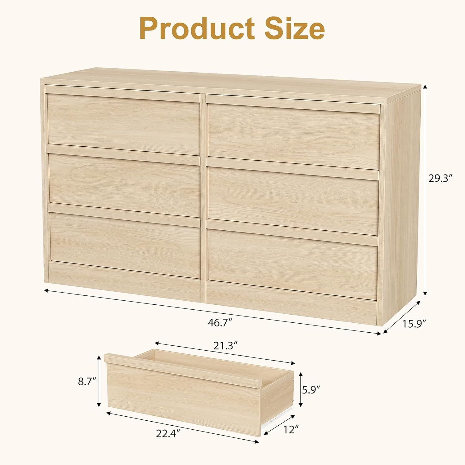 6 Drawer Dresser for Bedroom, Natural Oak 8 Chest of Drawers with Large Storage, Wooden Dresser Organizer for Living Room, Entryway, Nursery