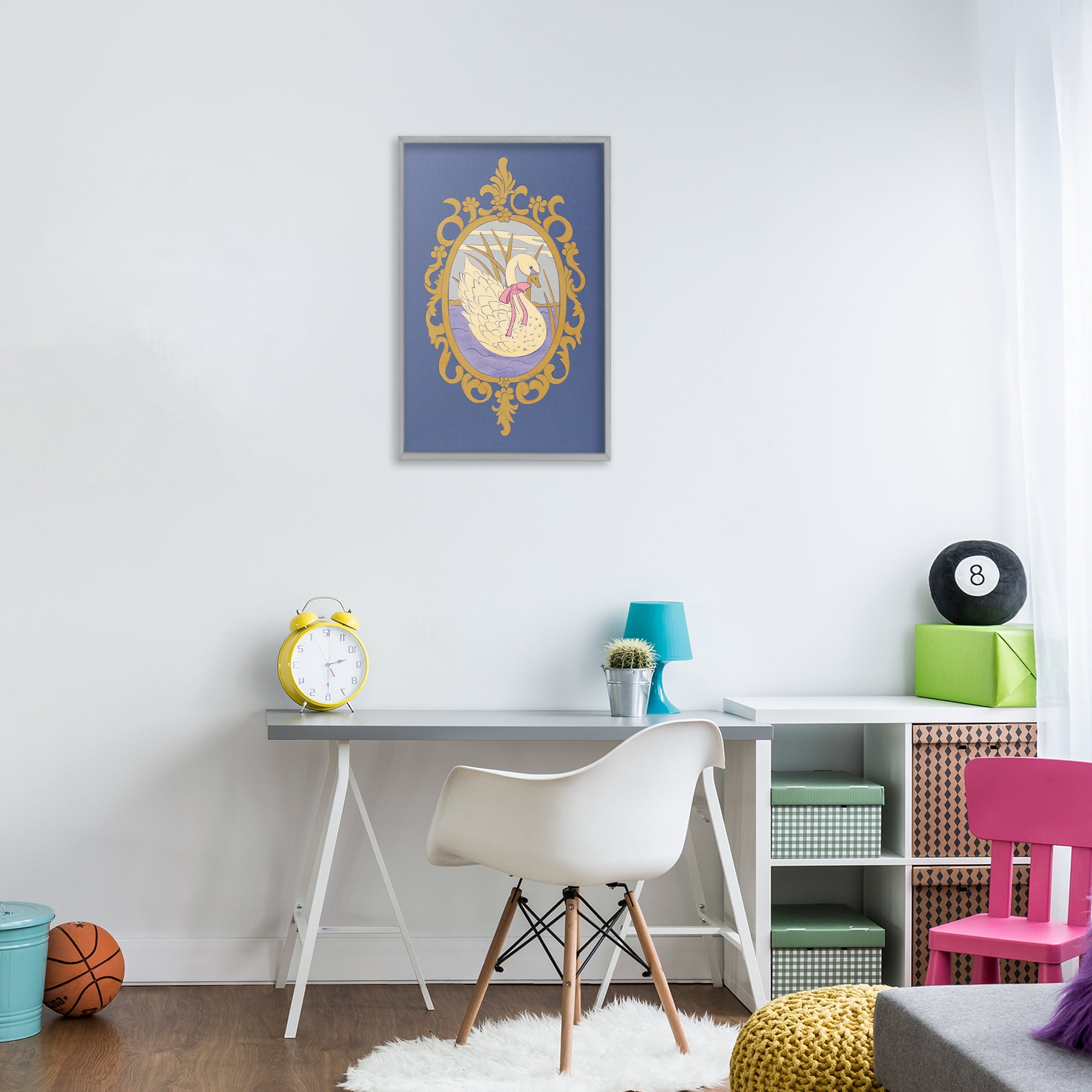 Stupell Industries Swan and Ornate Pattern Gray Framed Giclee Art, design by Carrie Cantwell