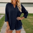 thumbnail image 3 of 3/4 Length Sleeve Womens Tops Cotton Linen V Neck Button Up Pleated Relaxed Fit Dressy Casual Office Work T Shirts, 3 of 5