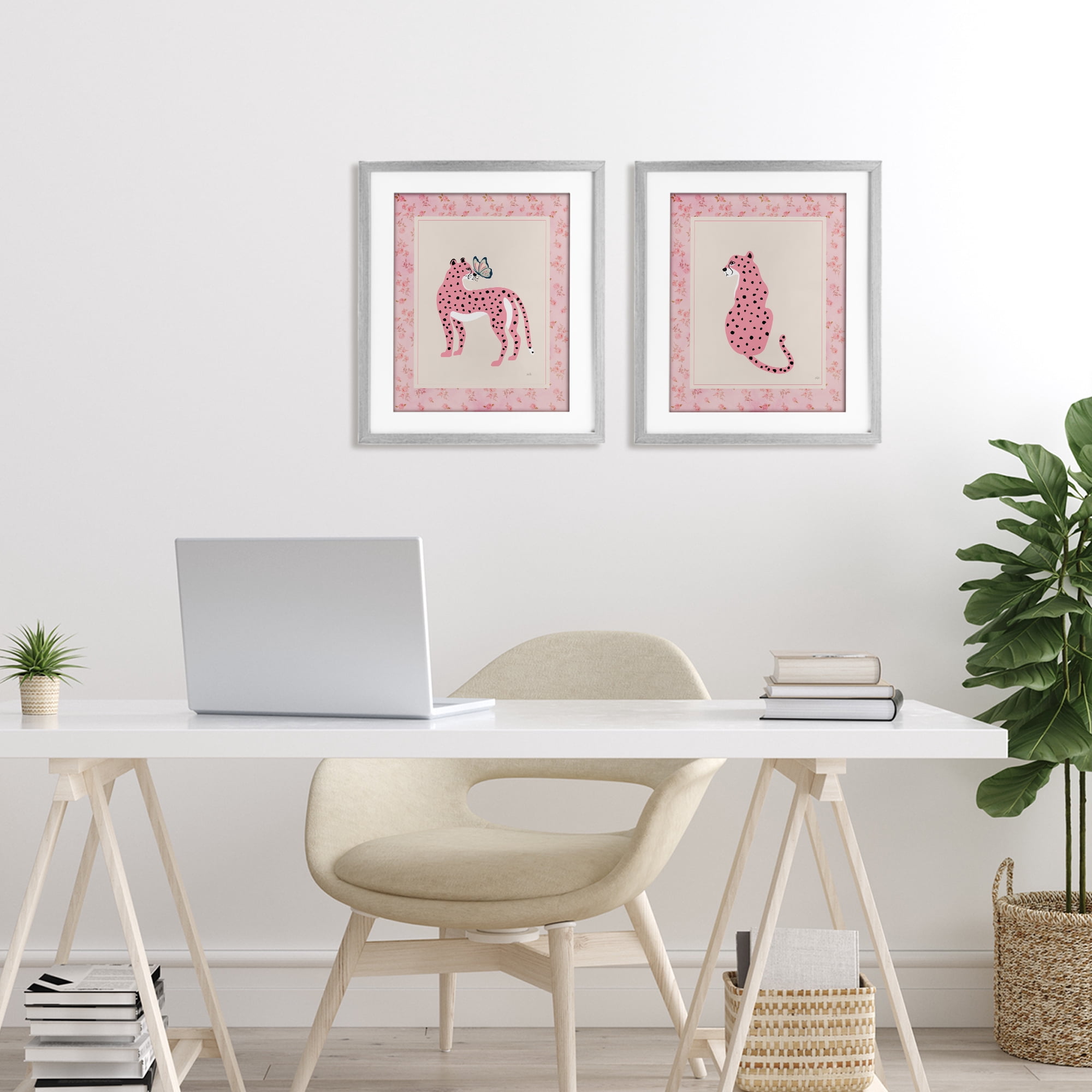 Stupell Industries Pink Leopard & Floral Border 2 Piece Gray Framed Print Under Glass Set, design by Natalie Carpentieri