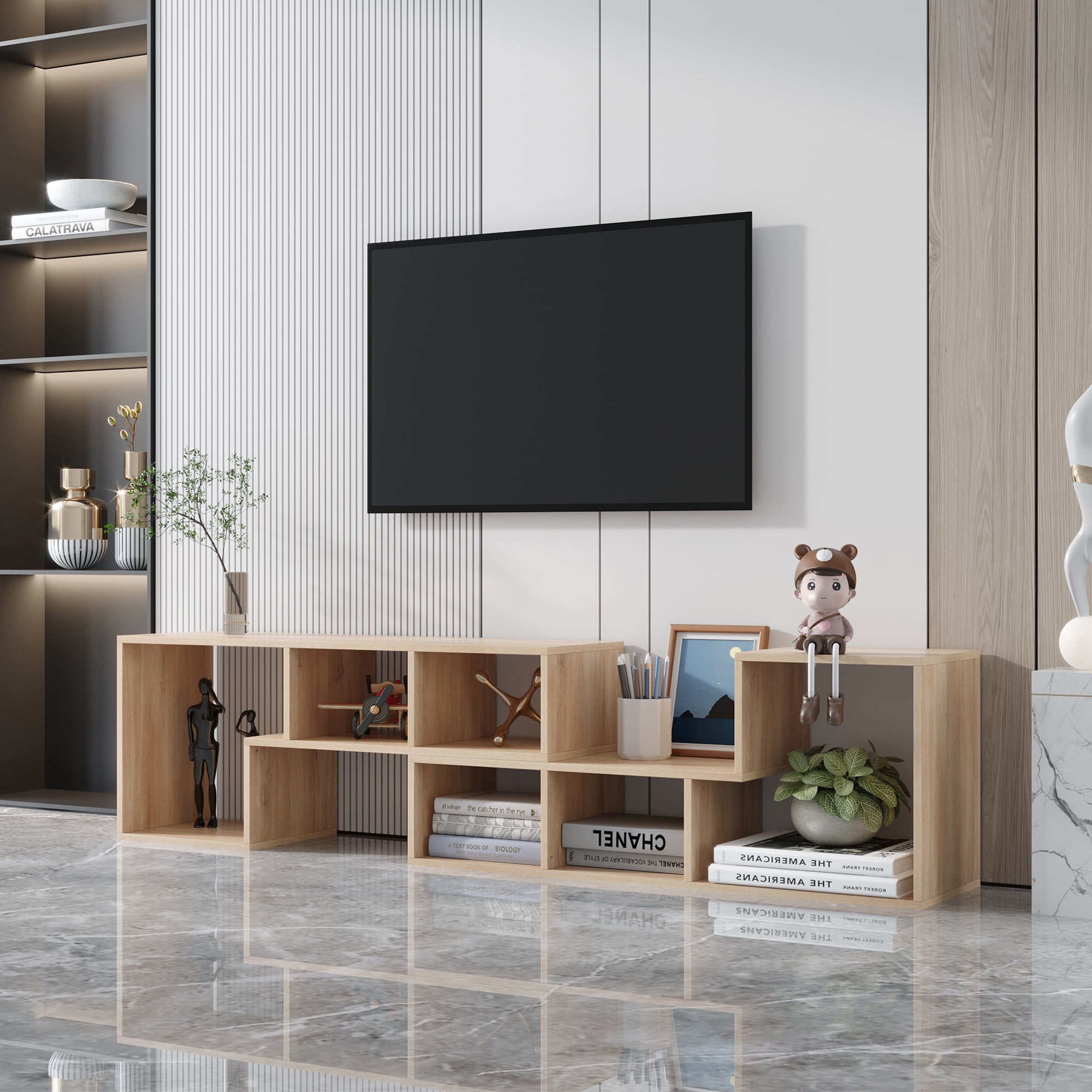 Yardi Yard Modern DIY Double L-Shaped TV Stand, Stackable Wood Bookcase Bookshelf for CDs/Books/Media Storage, Oak Yardi Yard Modern DIY Double L-Shaped TV Stand, Stackable Wood Bookcase Bookshelf for CDs/Books/Media Storage, Oak