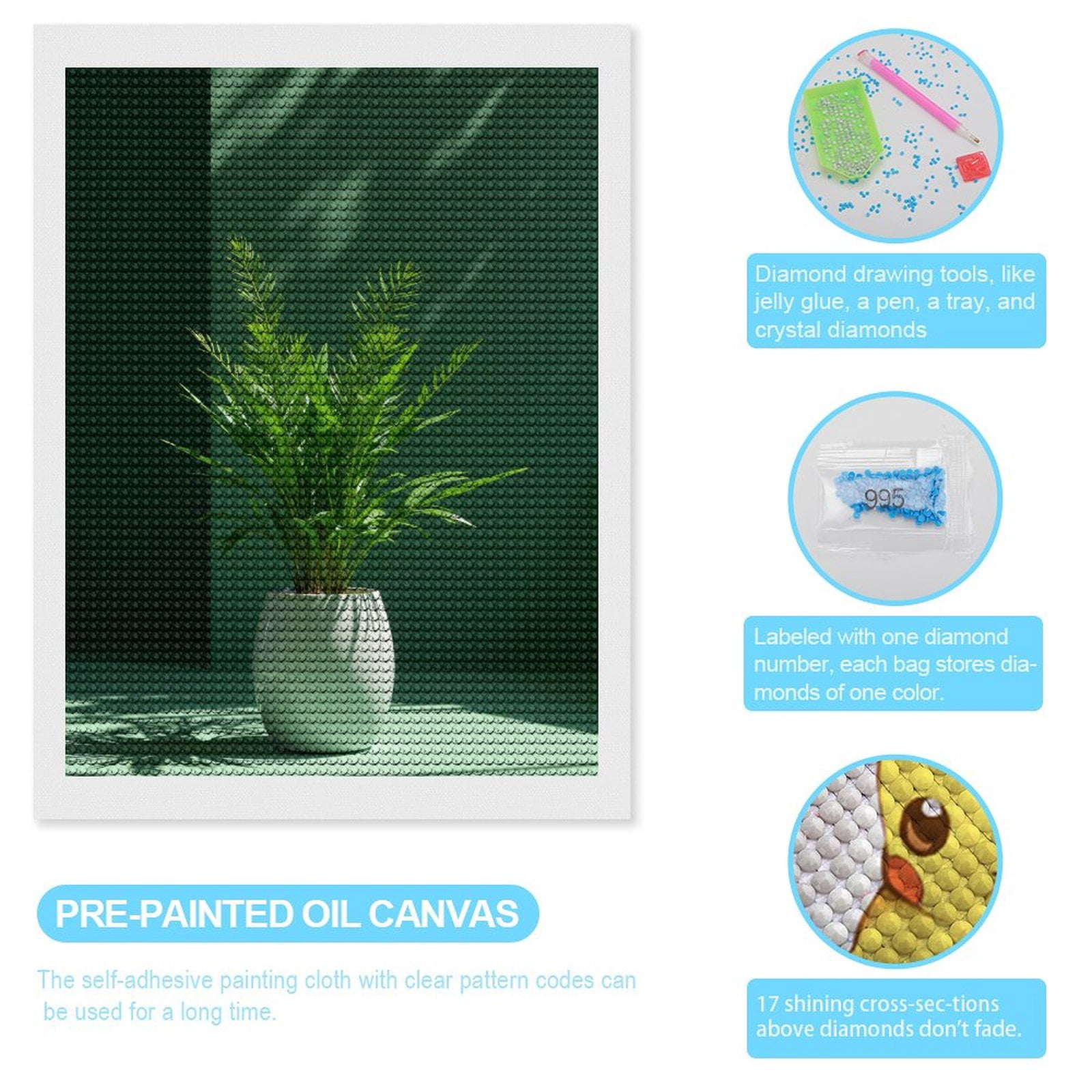 Diamond Art Kits for Adults, Green Indoor Plant In White Pot 5D Diamond Painting Kits for Adults Beginners, DIY Full Drill Diamond Painting, Gem Art and Crafts 12x16