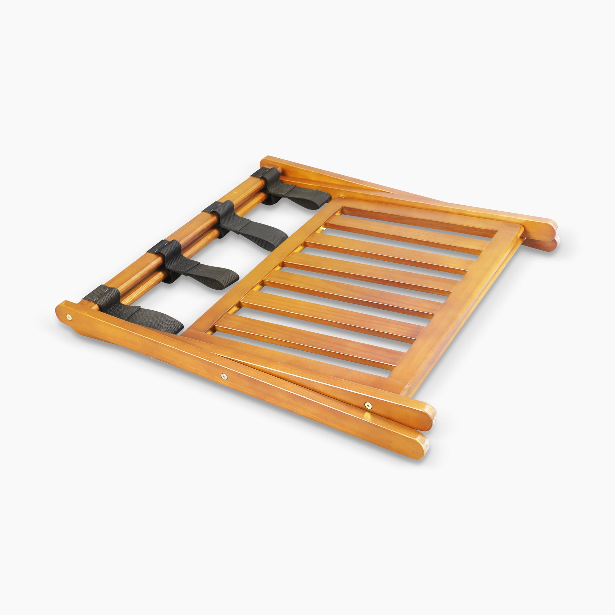 Solid Wood Folding Luggage Rack with Heavy-duty Straps and Shelf - New Honey Oak