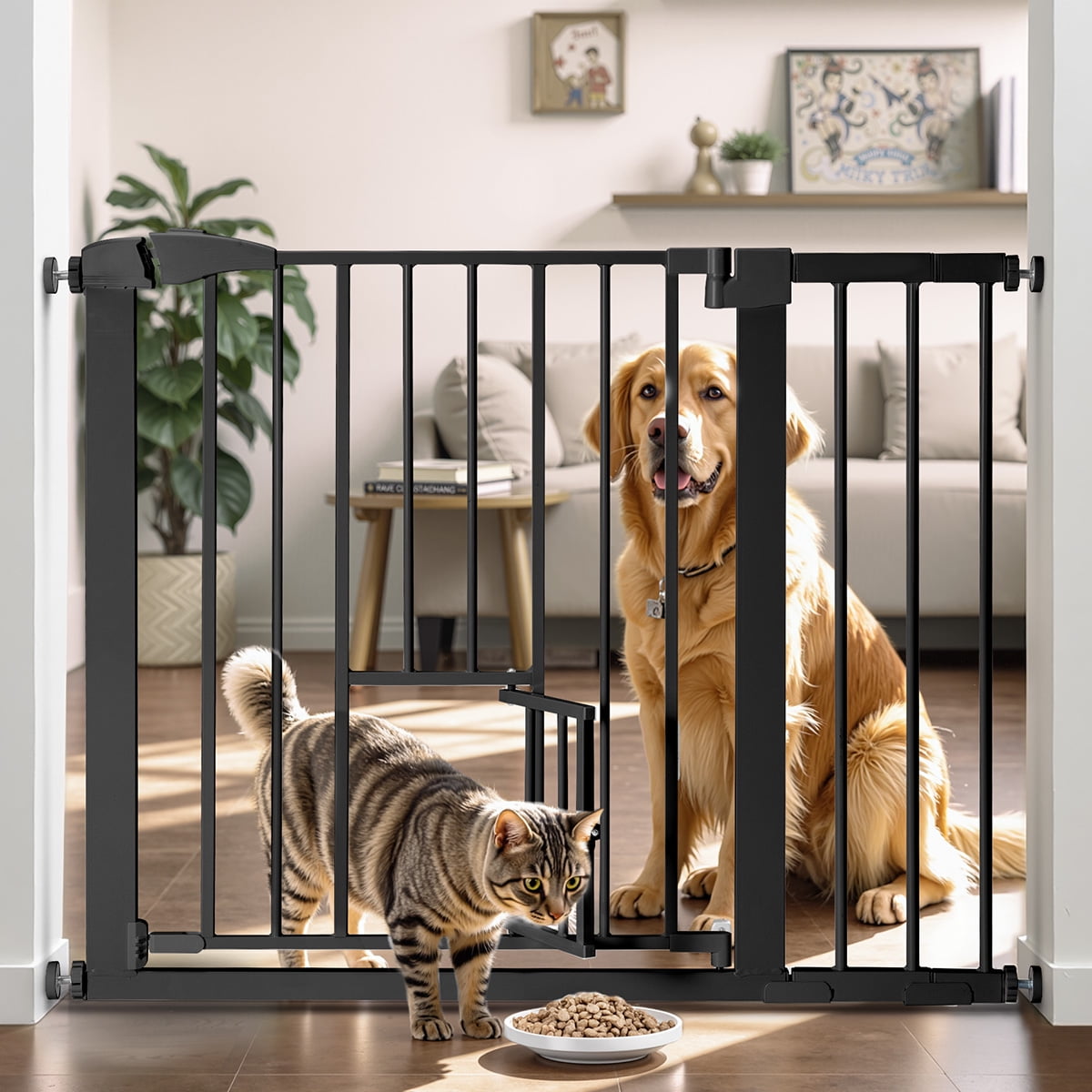 Pet Safety Gate, 29.5''-40.5''Wide Pet Safety Gate with Cat Door, Black