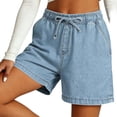 thumbnail image 6 of Cmfcve Summer Jean Shorts for Womens High Waisted Stretchy Drawstring Elastic Waist Denim Shorts Casual Loose Fit Short Pants with Side Pockets, 6 of 9