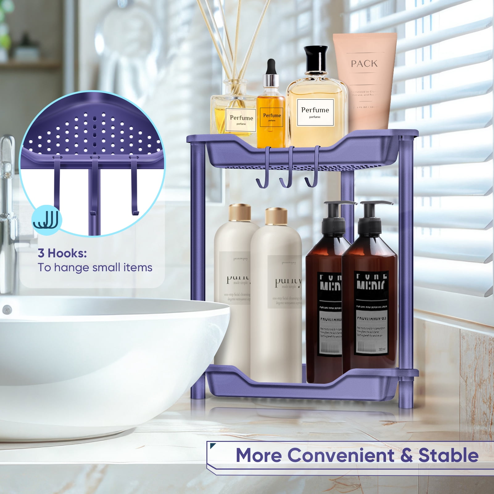 2 Tier Standing Shower Caddy for Bathroom Organizer: Rustproof Corner Shower Shelves Storage with Large Capacity - Shower Organizer Rack for Bathroom Essentials, Purple