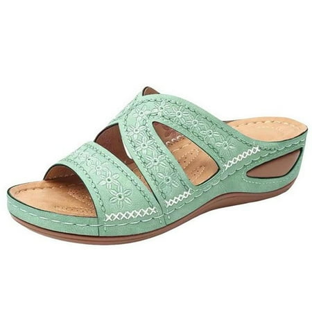 

Orthopedic Sandals Women Summer Thick Bottom Fish Mouth Leather Sandals Platform Wedge Sandals Open Toe Embroidered Printed Sandals with Arch Support Slip on Sandals Ladies Casual Soft Beach Sandals