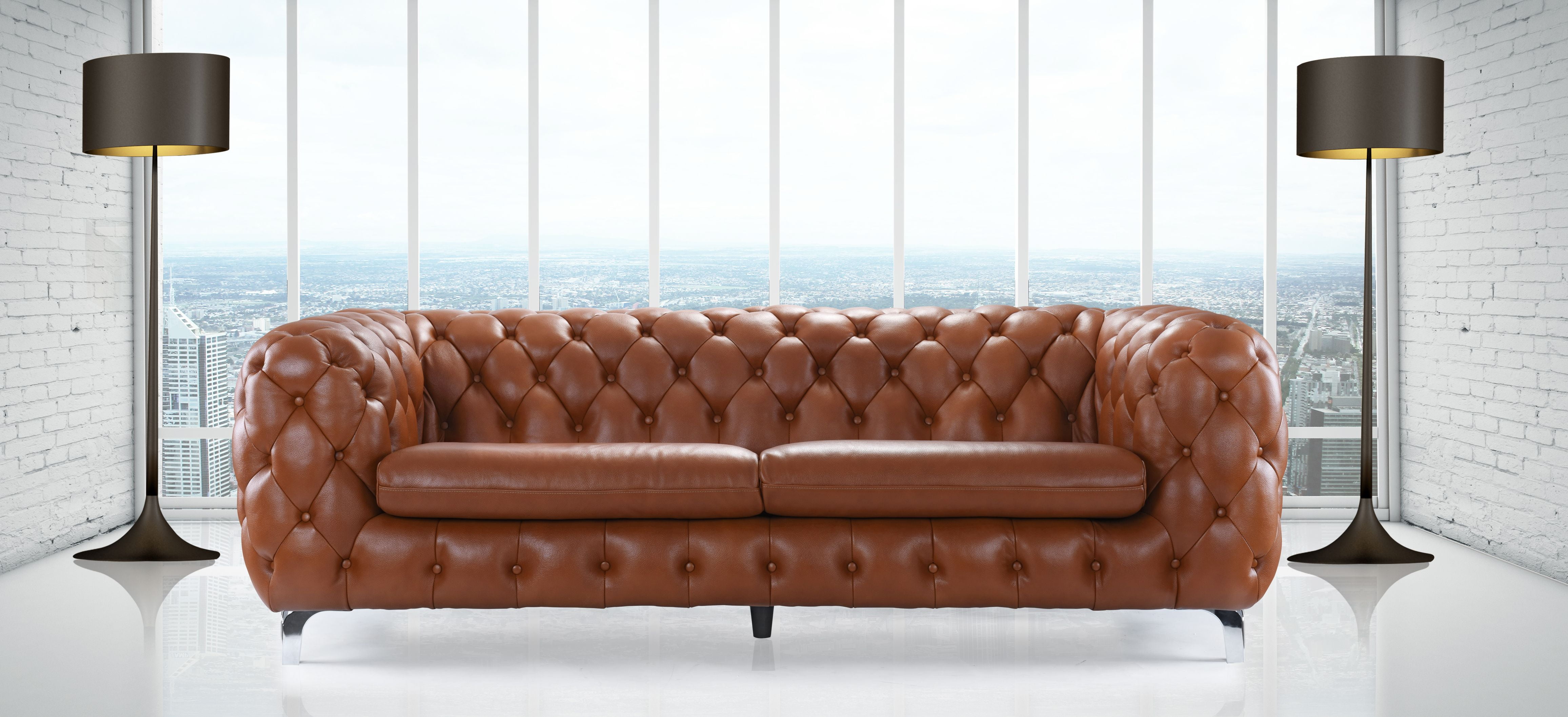 Chesterfield Real Leather Tufted Sofa Couch with Built-in ...