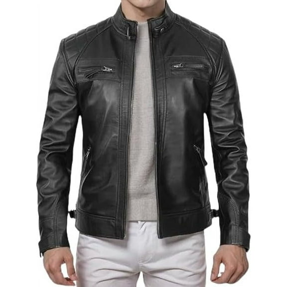 HIDE CRAFTS Men's Black and Brown Genuine Lambskin Leather Biker Jacket, Vintage Motorcycle Jackets (US, Alpha, Large, Regular, Regular, Black)