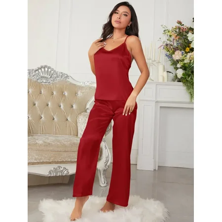 

Valentine‘s Day Women‘s Silk Satin Backless Cami Tops & Pants Pajama Sets