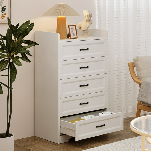 White Dresser for Bedroom, Lofka Modern Wood Chest of 5 Drawers, 3.3"H Semi-enclosed Desktop, Metal Handle