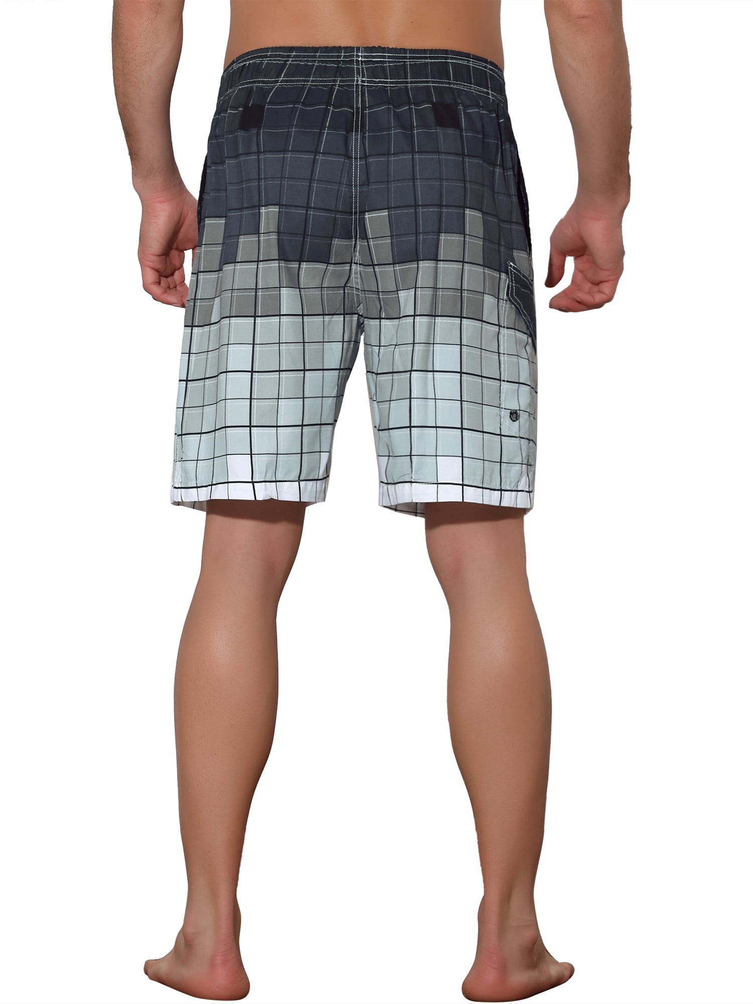 Unique Bargains Men's Hawaiian Drawstring Waist Color Block Plaid Board Shorts 32 Gray