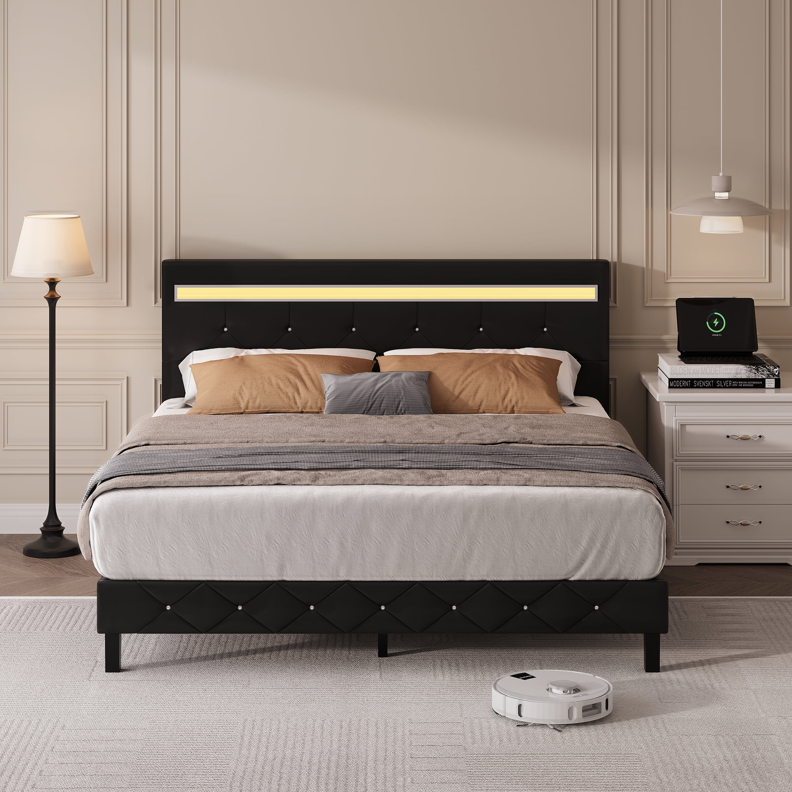 Forrise King Size Bed Frame with Upholstered LED Headboard, Built-in USB Ports & Power Outlets, No Box Spring Needed, Black