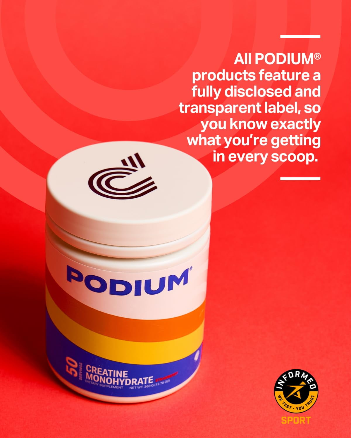 Podium Nutrition, Solos | Creatine Monohydrate, 50 Servings, Strawberry, Boost Athletic Performance