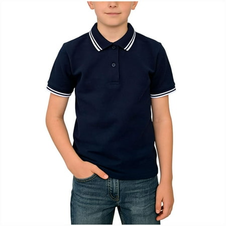 Floleo Boys Striped Trim Short Sleeve Shirt Kids School Uniform Top with Two-Button Placket Breathable Polyester-Spandex Blend in Multiple Colors(Navy 9 Years)