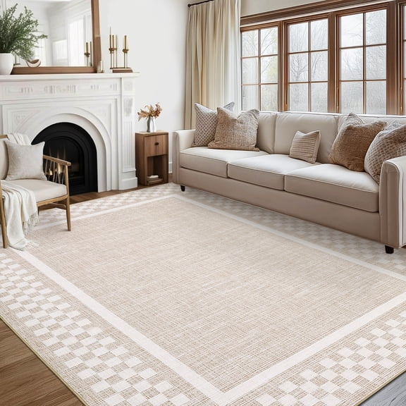 GlowSol Modern Solid Rug 4x6 Washable Rug with Non Slip Rubber Backing, Bordered Print Bedroom Carpet, Soft Non Shedding Rugs, Low Pile Washable Checkered Mats for Dorm Nursery Dining Room, Beige