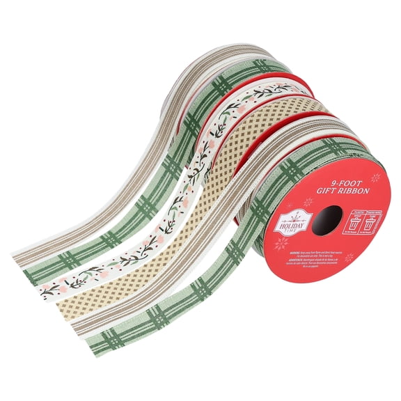 Green/Brown/White Christmas Ribbon Set, 0.6" x 9', 5 Count, by Holiday Time