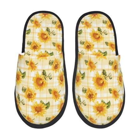 Balery Light Yellow Plaid Sunflower Slient Indoor Furry Fleece Comfort House Shoes Soft Non-Slip Home Shoes Cotton slippers House Slippers-- Large