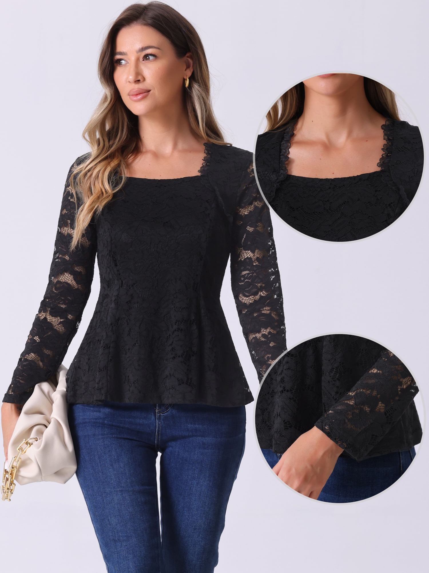 DARING DIVA Women's Lace Square Neck Long Sleeve Stretch Peplum Blouses XS Black
