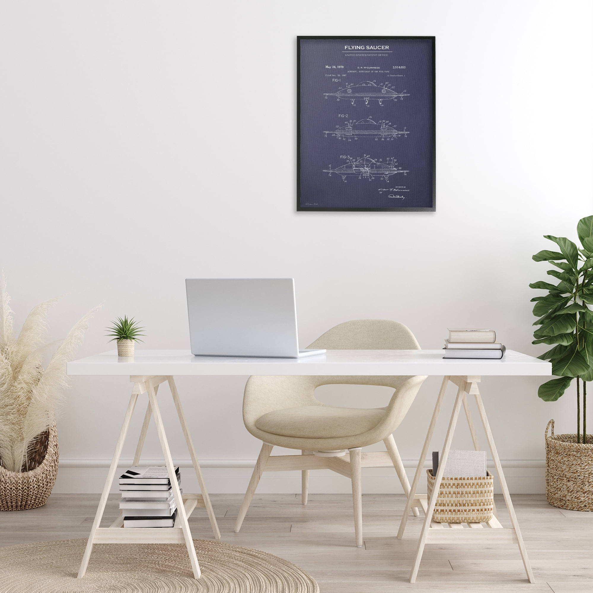 Stupell Industries Flying Saucer Blueprint Transportation Painting Black Framed Art Print Wall Art, 24 x 30