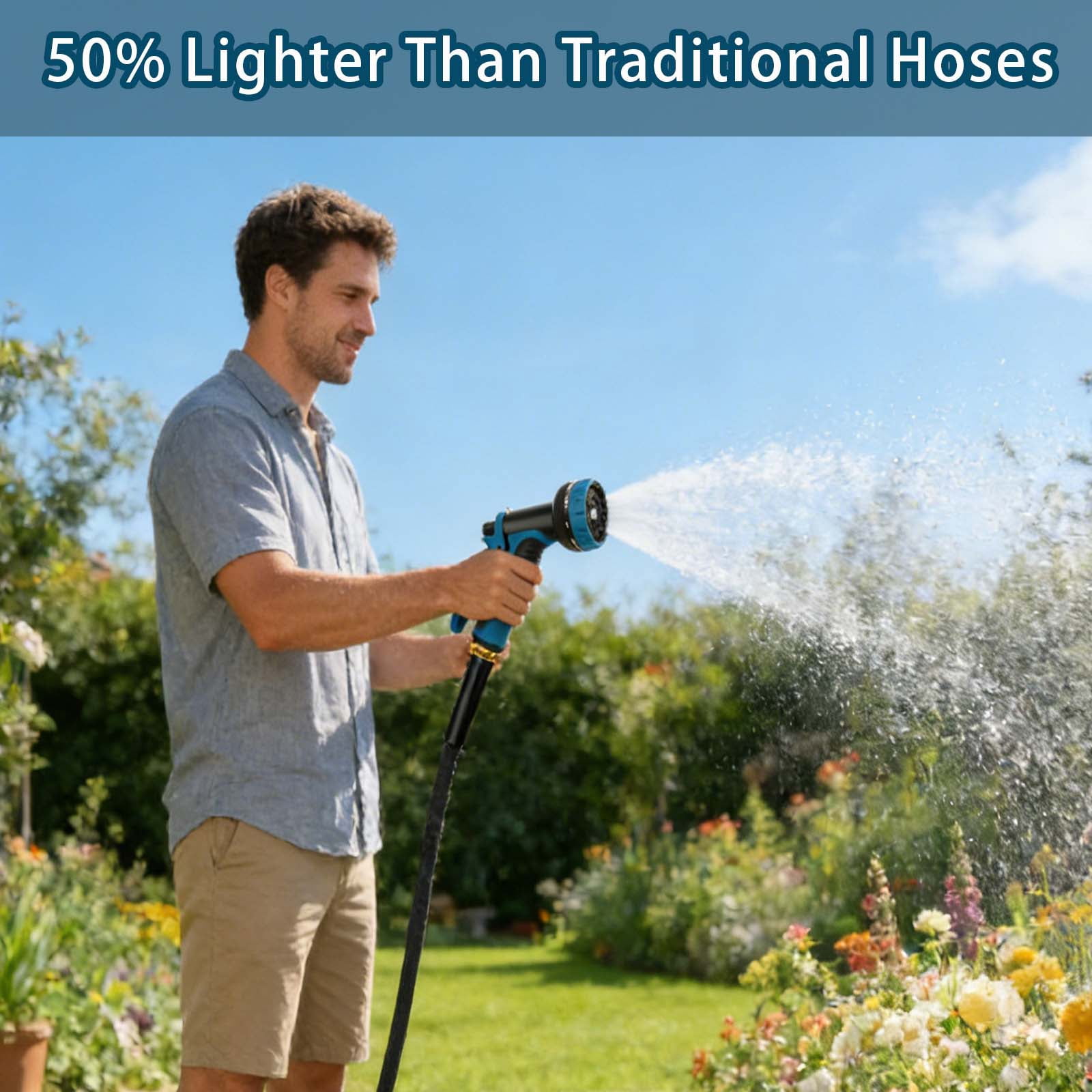 50Ft Non-Expandable Garden Hose, Flexible Water Hose with 10-Pattern Spray Nozzle, Lightweight Hose Pipe, Kink-Free, Leak-Proof, 3/4" Solid Metal Fittings