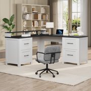 63 Inch Black & White L-Shaped Executive Desk, Large Corner Computer Desk with Monitor Stand, 4 File Drawers & Power Outlets, Home Office Storage Desk