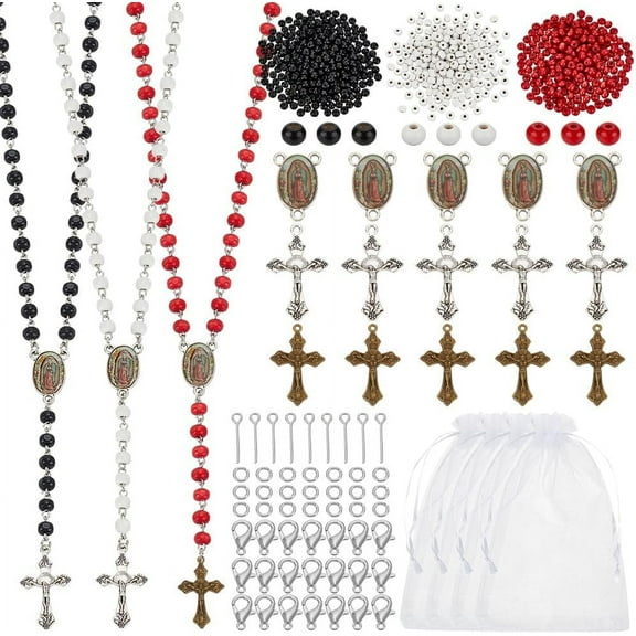 1160pcs Wooden Bead Rosary Necklace Making Kit First Communion Prayer Making Set Round Wood Beads Charms Pendants DIY