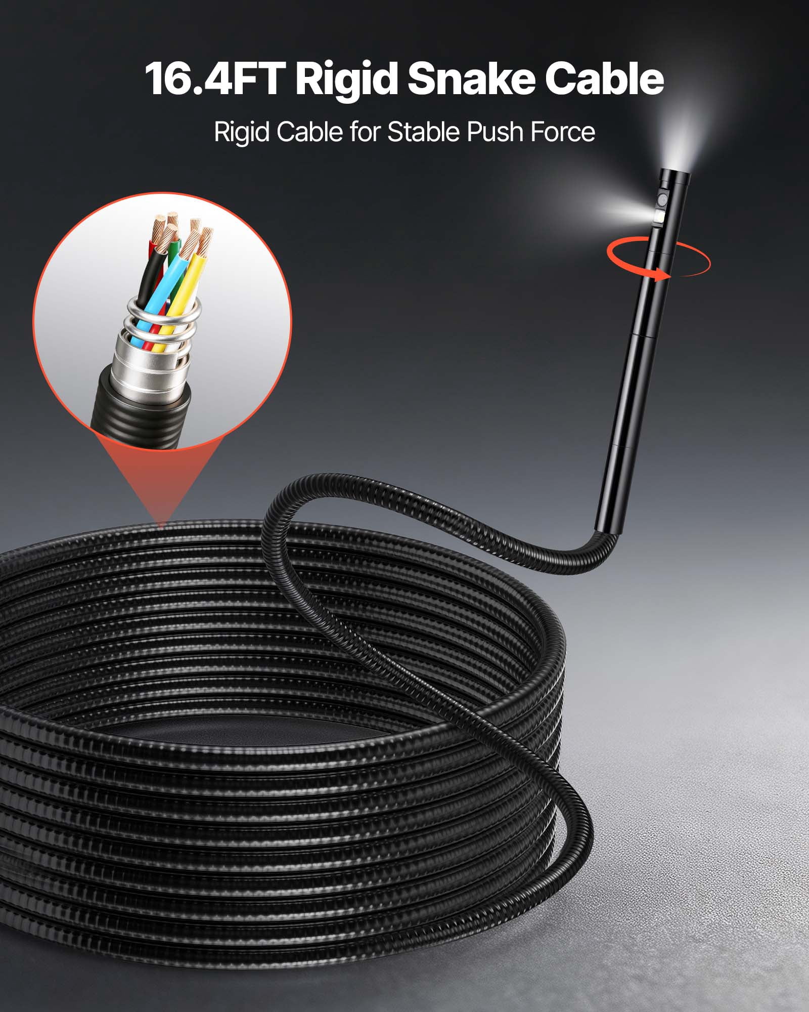 VEVOR Endoscope with Light, 360° View Coverage Industrial Borescope Inspection Camera with Rotating Probe, 1080P HD Rigid Snake Scope Cam for Wall Automotive Engine Inspect-16.4FT