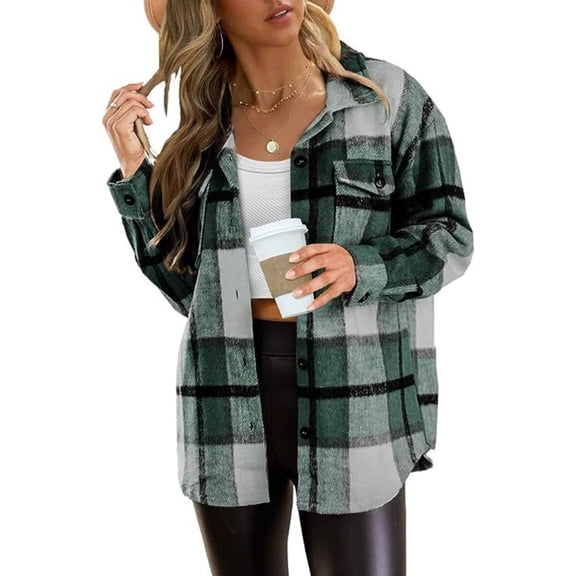2024  Women's Fall Color Block Plaid Flannel Shacket Jacket Button Down Shirt Coat Tops