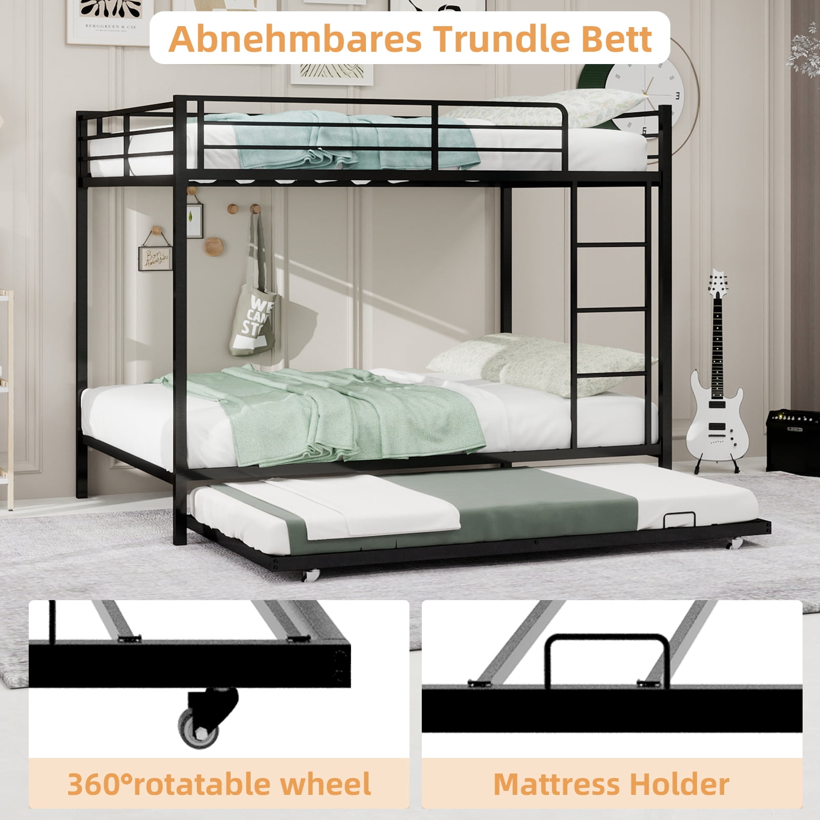 Bunk Bed with Trundle, Full Over Full Bunk Bed - Square Tube Iron Frame with Safety Rails and Rolling Trundle, Multi-Level Sleeping System for Family or Dorm, Easy Assembly, Black